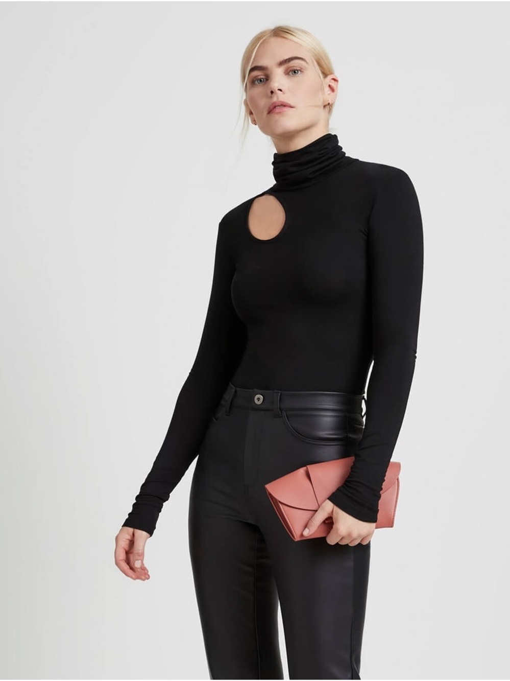 Marcella NYC Eli Long Sleeve Top Black Turtleneck Cut Out Tencel Fitted XL EUC